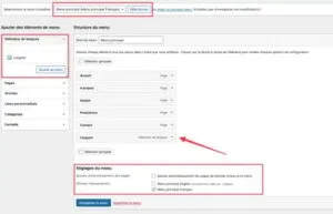 Exemple de menu WordPress multilingue avec sélecteur de langue (FR/EN/ES) intégré, utilisant Polylang et Classic Menu in Navigation Block pour un site responsive et accessible.